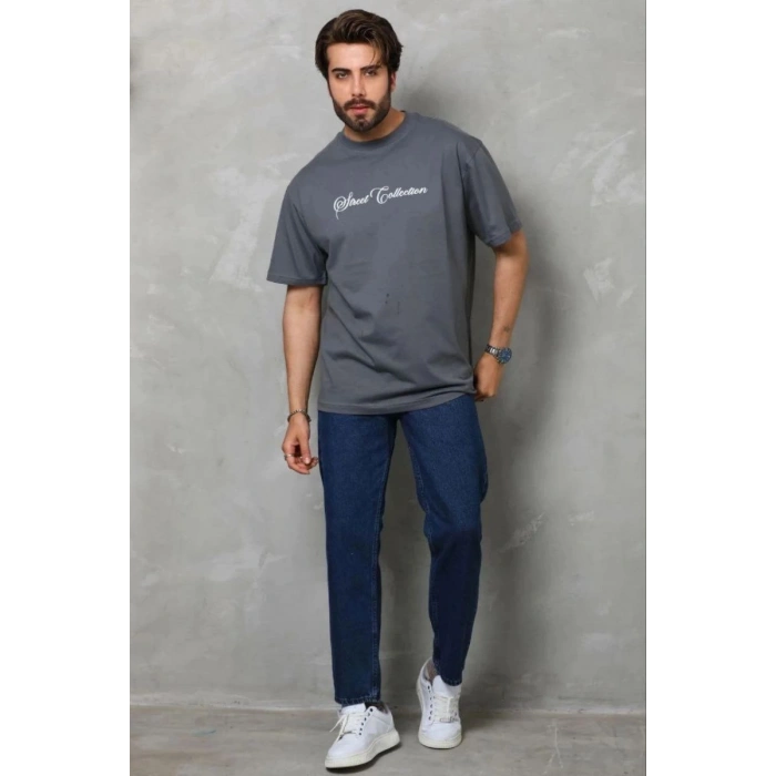 Erkek Baskılı T-Shirt Kısa Kol Bisiklet Yaka Regular Fit Tişört - Füme