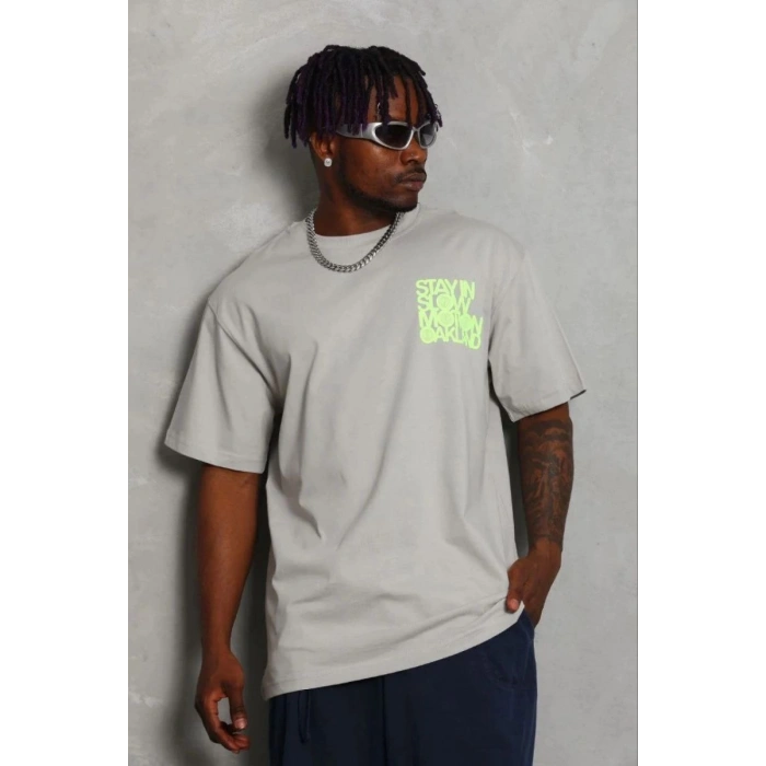 Erkek Baskılı T-Shirt Kısa Kol Bisiklet Yaka Regular Fit Tişört - Gri