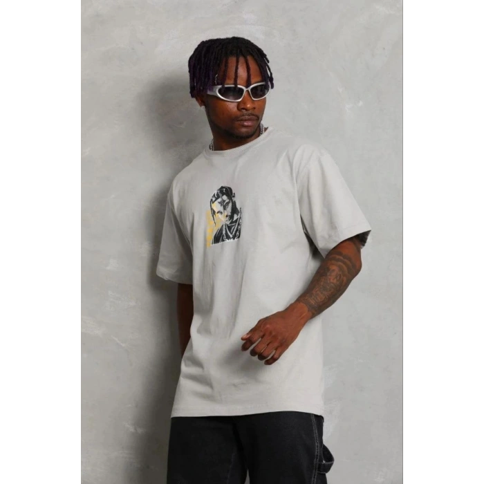 Erkek Baskılı T-Shirt Kısa Kol Bisiklet Yaka Regular Fit Tişört - Gri