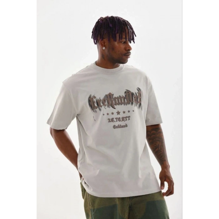 Erkek Baskılı T-Shirt Kısa Kol Bisiklet Yaka Regular Fit Tişört - Gri