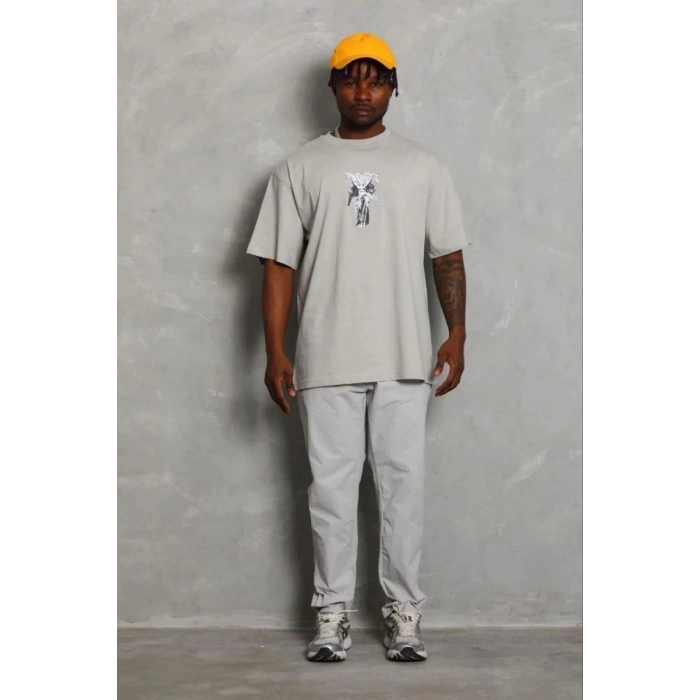 Erkek Baskılı T-Shirt Kısa Kol Bisiklet Yaka Regular Fit Tişört - Gri