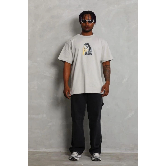 Erkek Baskılı T-Shirt Kısa Kol Bisiklet Yaka Regular Fit Tişört - Gri