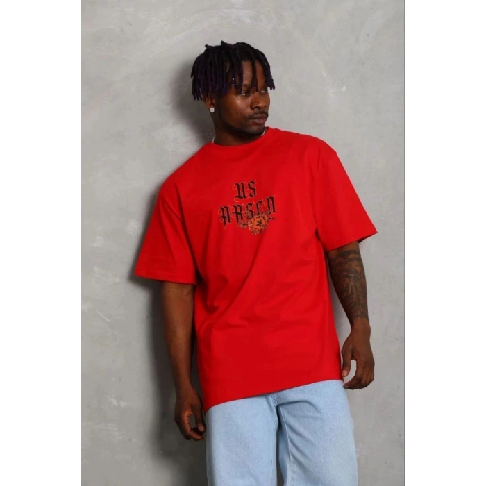 Erkek Baskılı T-Shirt Kısa Kol Bisiklet Yaka Regular Fit Tişört - Kırmızı