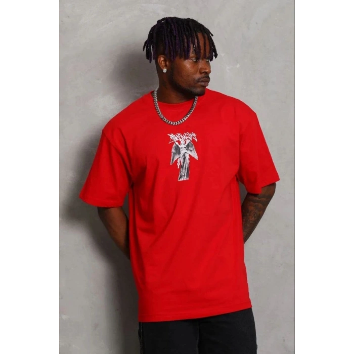 Erkek Baskılı T-Shirt Kısa Kol Bisiklet Yaka Regular Fit Tişört - Kırmızı