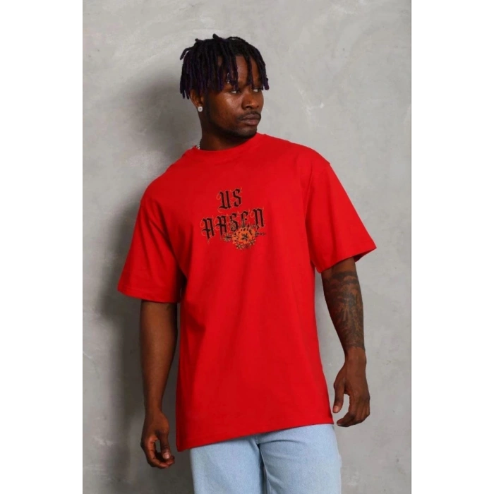 Erkek Baskılı T-Shirt Kısa Kol Bisiklet Yaka Regular Fit Tişört - Kırmızı