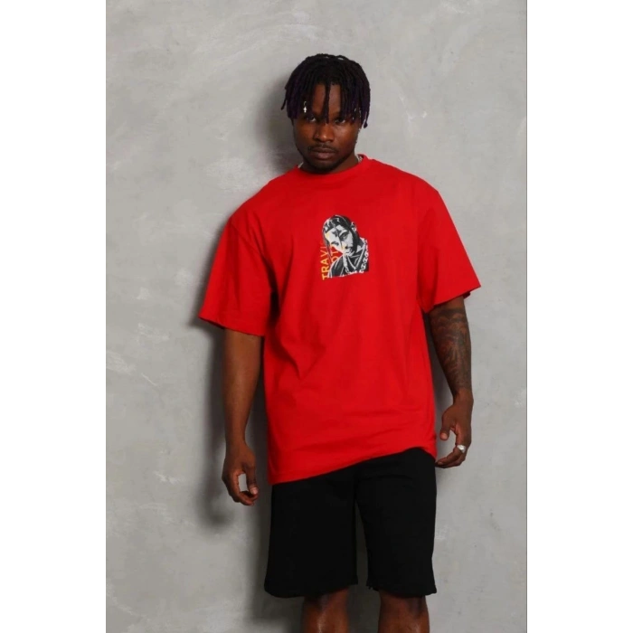 Erkek Baskılı T-Shirt Kısa Kol Bisiklet Yaka Regular Fit Tişört - Kırmızı