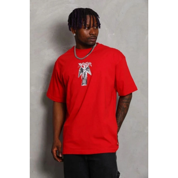 Erkek Baskılı T-Shirt Kısa Kol Bisiklet Yaka Regular Fit Tişört - Kırmızı