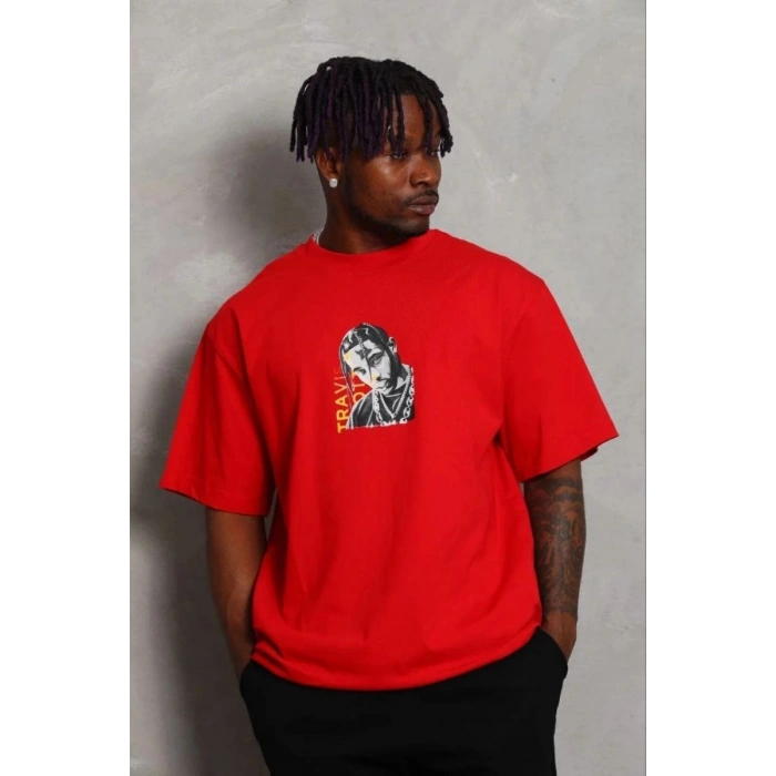 Erkek Baskılı T-Shirt Kısa Kol Bisiklet Yaka Regular Fit Tişört - Kırmızı
