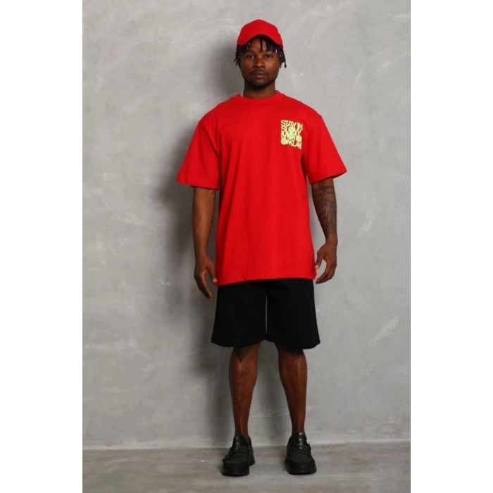 Erkek Baskılı T-Shirt Kısa Kol Bisiklet Yaka Regular Fit Tişört - Kırmızı
