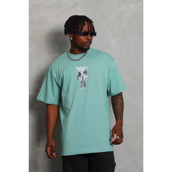Erkek Baskılı T-Shirt Kısa Kol Bisiklet Yaka Regular Fit Tişört - Mint Yeşili