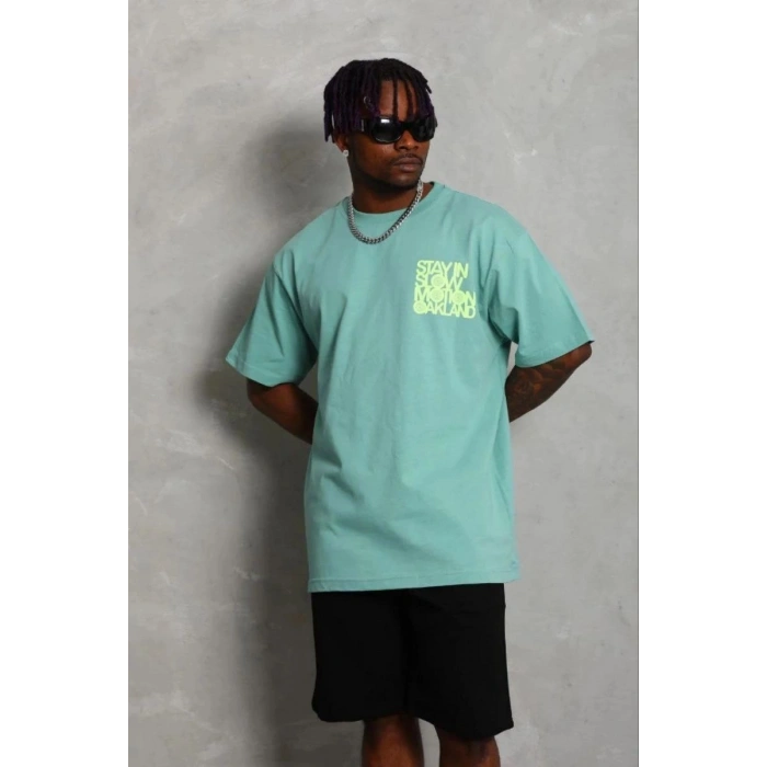 Erkek Baskılı T-Shirt Kısa Kol Bisiklet Yaka Regular Fit Tişört - Mint Yeşili