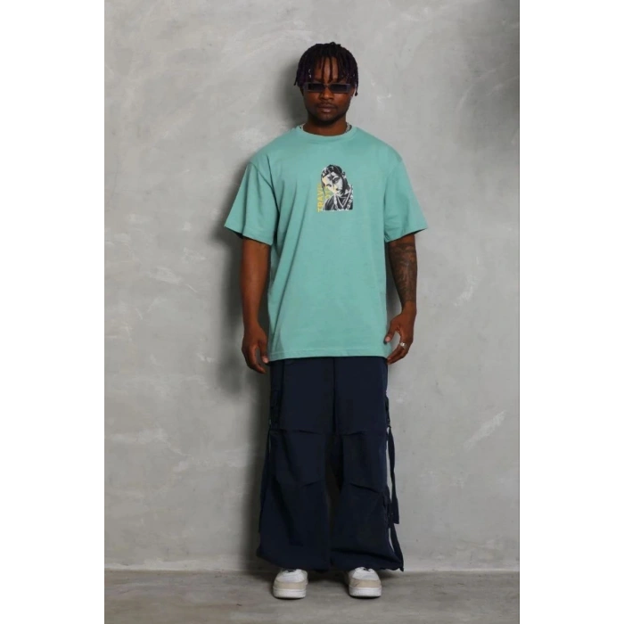 Erkek Baskılı T-Shirt Kısa Kol Bisiklet Yaka Regular Fit Tişört - Mint Yeşili