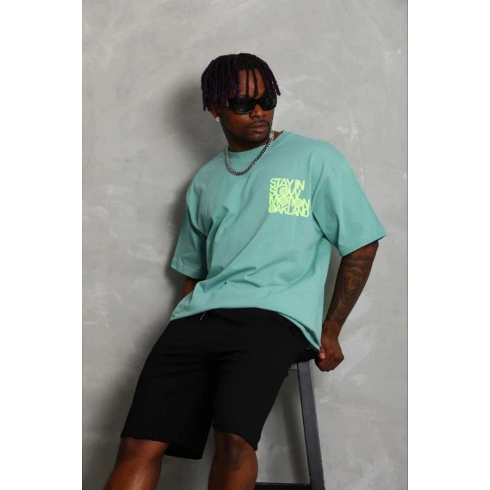 Erkek Baskılı T-Shirt Kısa Kol Bisiklet Yaka Regular Fit Tişört - Mint Yeşili