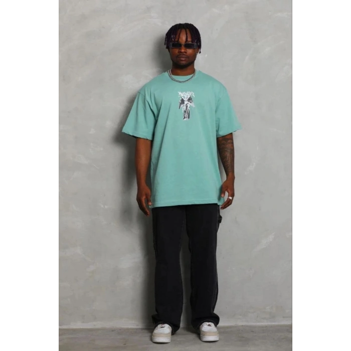 Erkek Baskılı T-Shirt Kısa Kol Bisiklet Yaka Regular Fit Tişört - Mint Yeşili