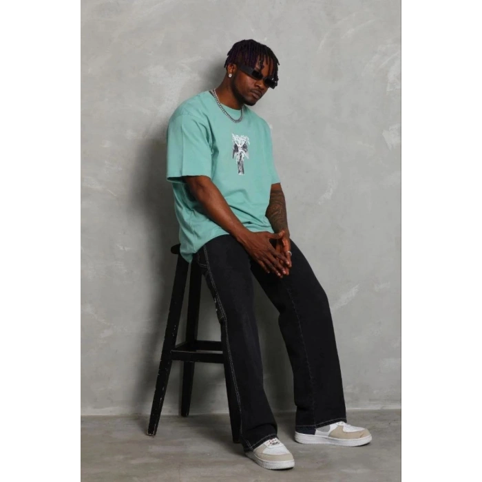 Erkek Baskılı T-Shirt Kısa Kol Bisiklet Yaka Regular Fit Tişört - Mint Yeşili