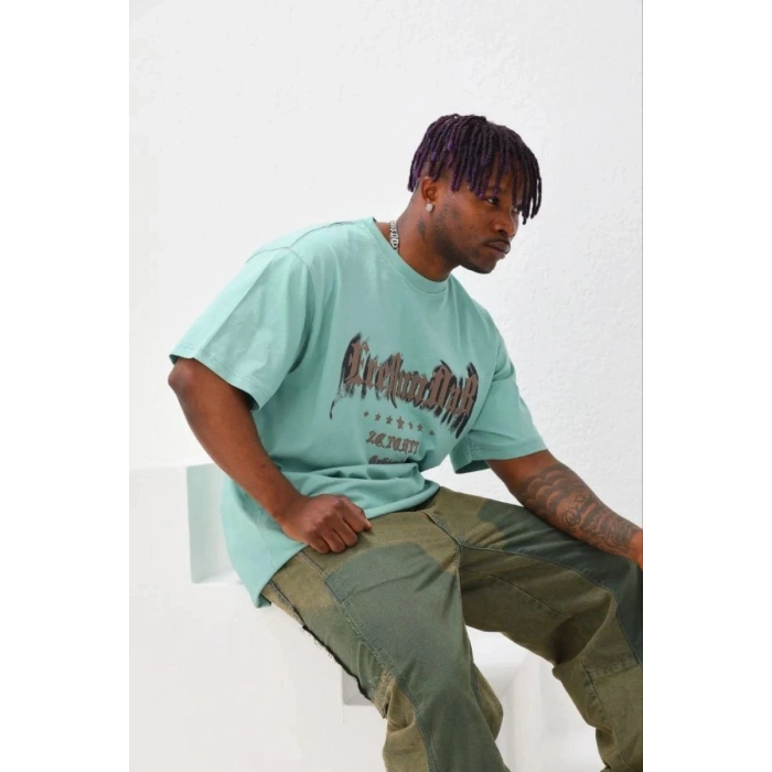 Erkek Baskılı T-Shirt Kısa Kol Bisiklet Yaka Regular Fit Tişört - Mint Yeşili