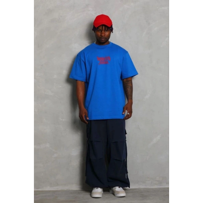 Erkek Baskılı T-Shirt Kısa Kol Bisiklet Yaka Regular Fit Tişört - Saks Mavisi