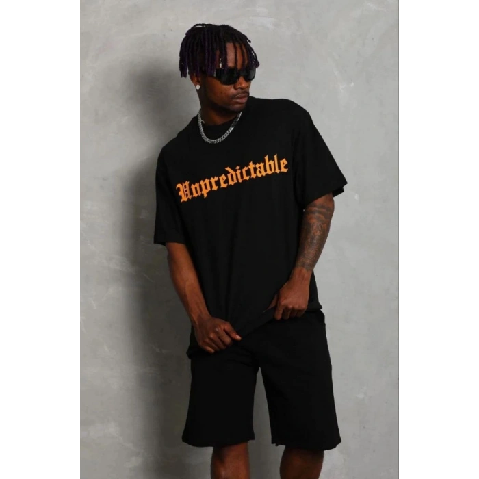 Erkek Baskılı T-Shirt Kısa Kol Bisiklet Yaka Regular Fit Tişört - Siyah
