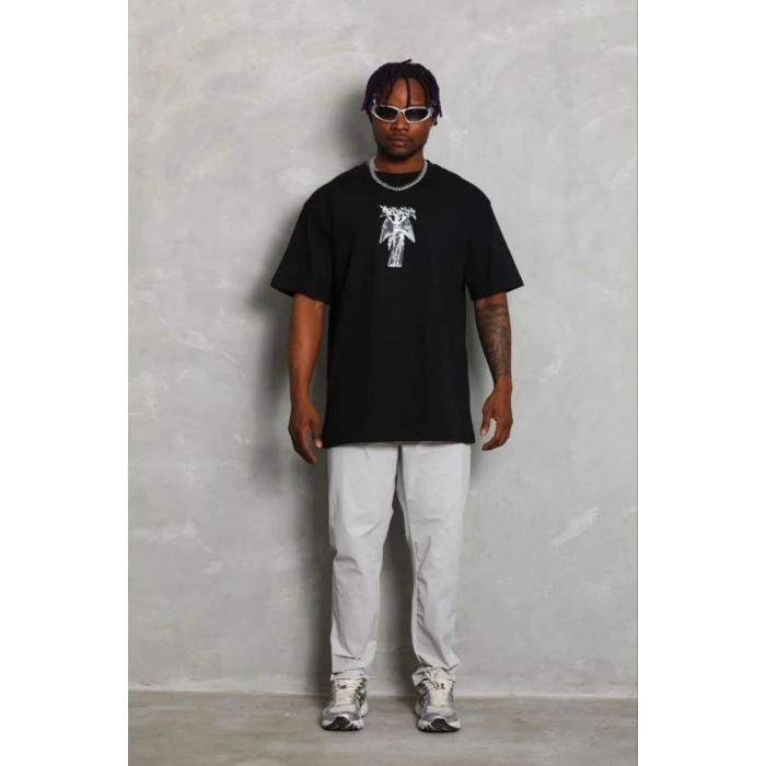 Erkek Baskılı T-Shirt Kısa Kol Bisiklet Yaka Regular Fit Tişört - Siyah