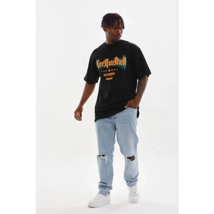 Erkek Baskılı T-Shirt Kısa Kol Bisiklet Yaka Regular Fit Tişört - Siyah