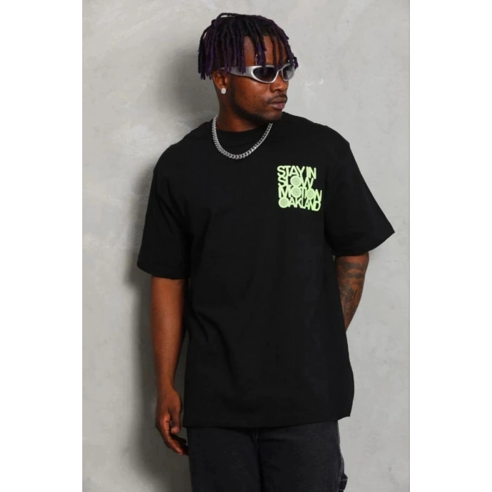 Erkek Baskılı T-Shirt Kısa Kol Bisiklet Yaka Regular Fit Tişört - Siyah