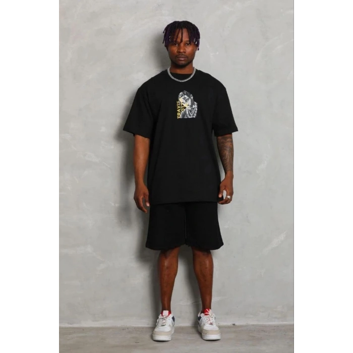 Erkek Baskılı T-Shirt Kısa Kol Bisiklet Yaka Regular Fit Tişört - Siyah