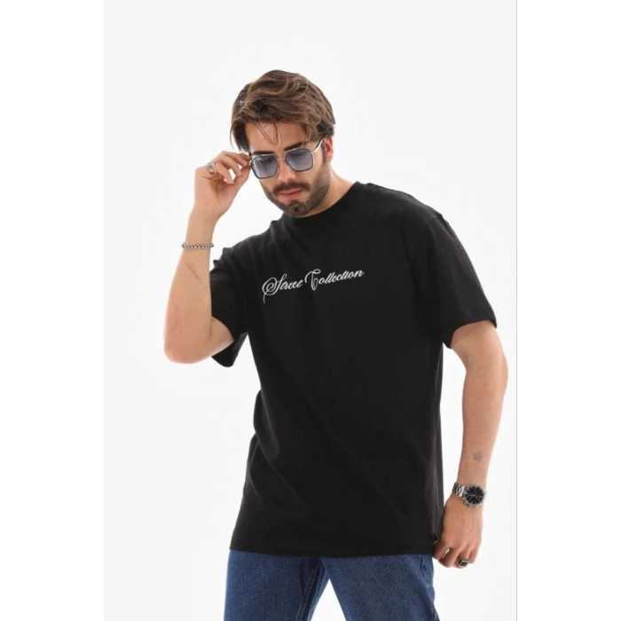 Erkek Baskılı T-Shirt Kısa Kol Bisiklet Yaka Regular Fit Tişört - Siyah