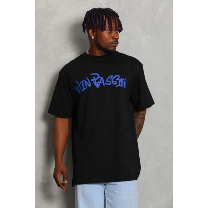 Erkek Baskılı T-Shirt Kısa Kol Bisiklet Yaka Regular Fit Tişört - Siyah