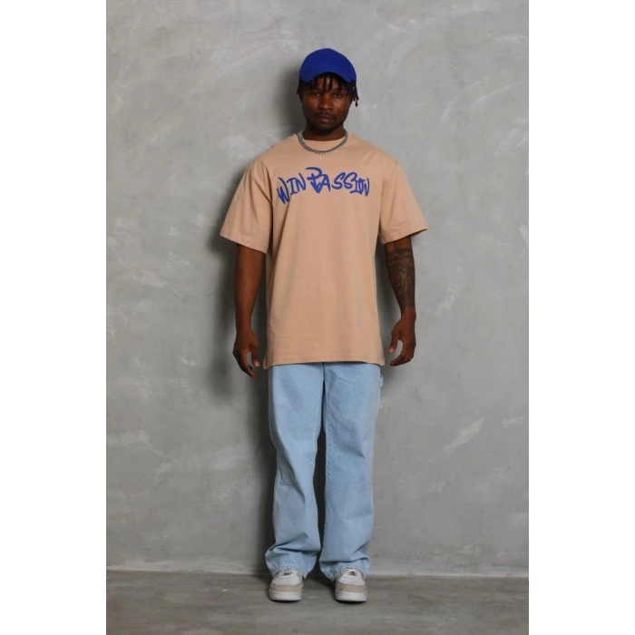 Erkek Baskılı Tişört Kısa Kol Bisiklet Yaka Oversize T-Shirt - Bej
