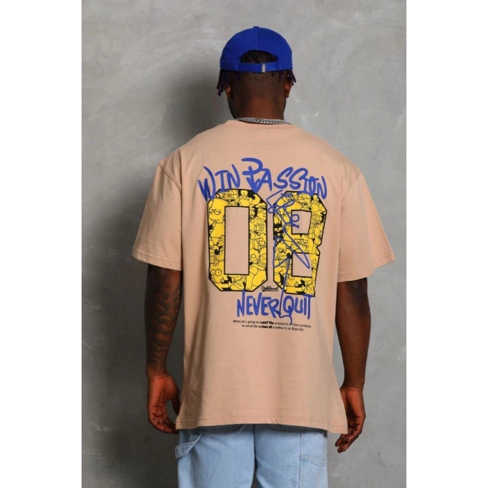 Erkek Baskılı Tişört Kısa Kol Bisiklet Yaka Oversize T-Shirt - Bej