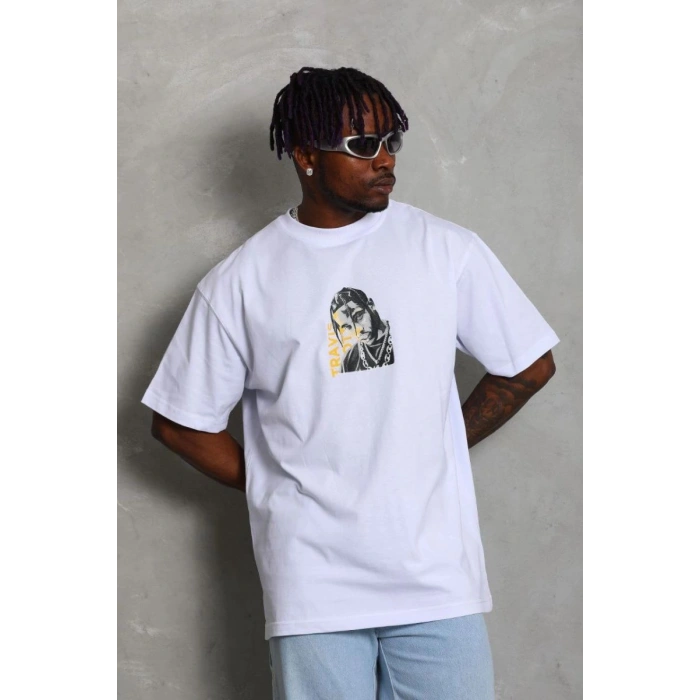 Erkek Baskılı Tişört Kısa Kol Bisiklet Yaka Oversize T-Shirt - Beyaz