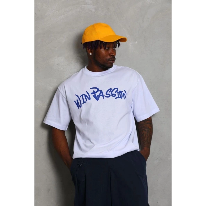 Erkek Baskılı Tişört Kısa Kol Bisiklet Yaka Oversize T-Shirt - Beyaz