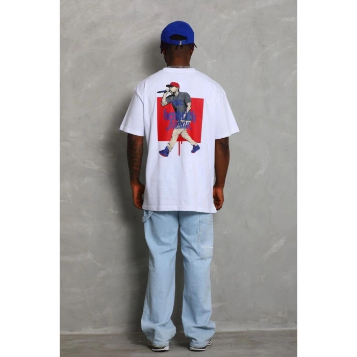 Erkek Baskılı Tişört Kısa Kol Bisiklet Yaka Oversize T-Shirt - Beyaz