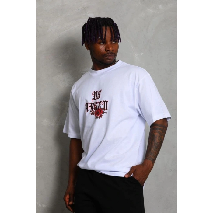 Erkek Baskılı Tişört Kısa Kol Bisiklet Yaka Oversize T-Shirt - Beyaz