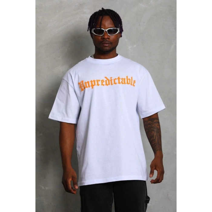 Erkek Baskılı Tişört Kısa Kol Bisiklet Yaka Oversize T-Shirt - Beyaz