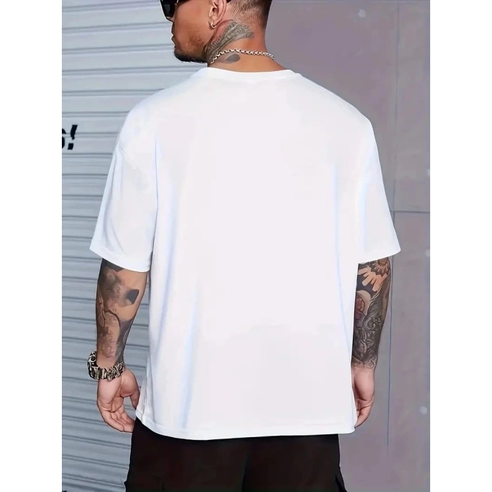 Erkek Baskılı Tişört Kısa Kol Bisiklet Yaka Oversize T-Shirt - Beyaz