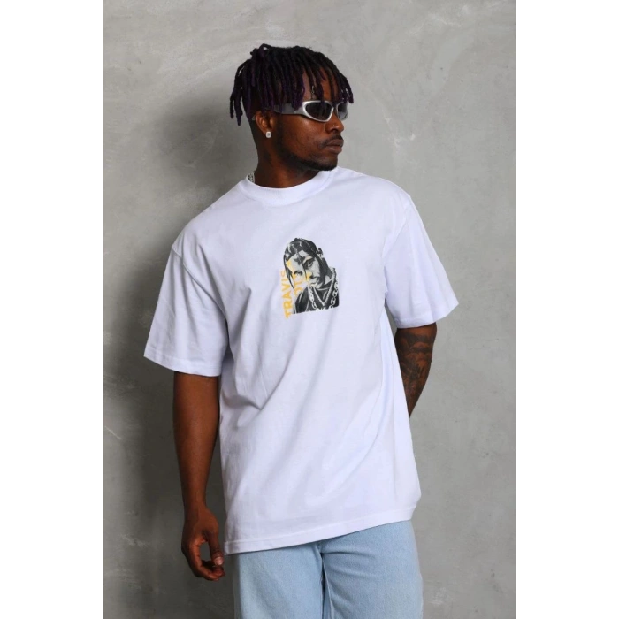 Erkek Baskılı Tişört Kısa Kol Bisiklet Yaka Oversize T-Shirt - Beyaz