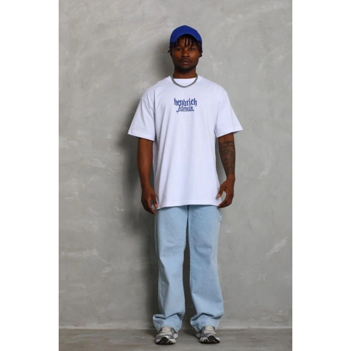 Erkek Baskılı Tişört Kısa Kol Bisiklet Yaka Oversize T-Shirt - Beyaz