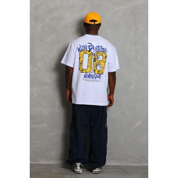 Erkek Baskılı Tişört Kısa Kol Bisiklet Yaka Oversize T-Shirt - Beyaz