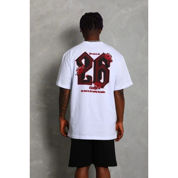 Erkek Baskılı Tişört Kısa Kol Bisiklet Yaka Oversize T-Shirt - Beyaz