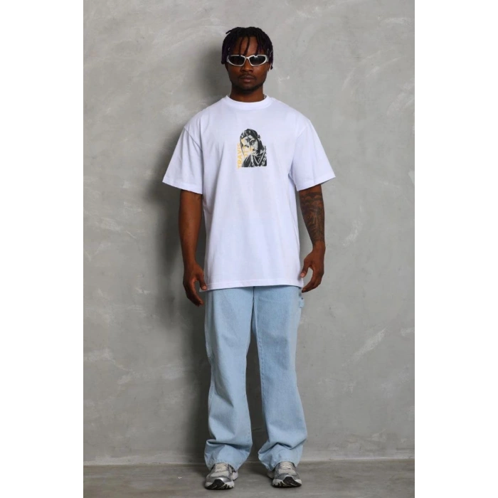 Erkek Baskılı Tişört Kısa Kol Bisiklet Yaka Oversize T-Shirt - Beyaz