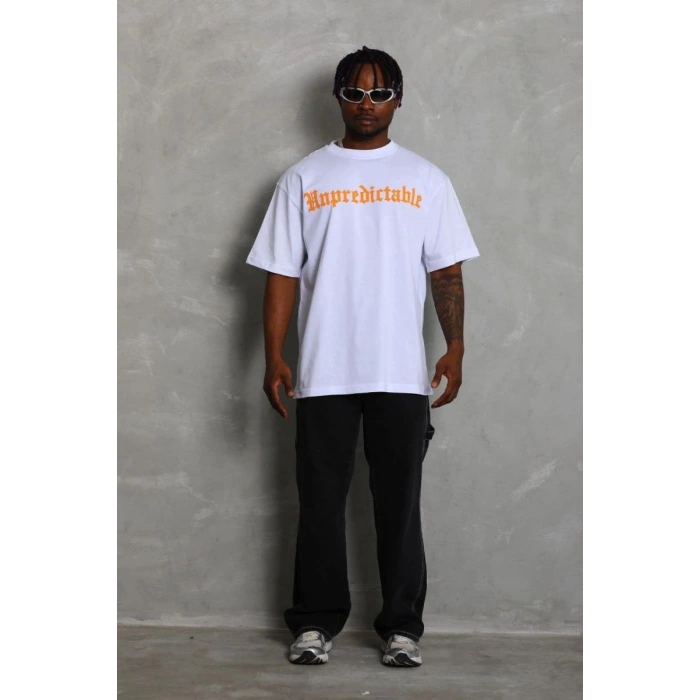 Erkek Baskılı Tişört Kısa Kol Bisiklet Yaka Oversize T-Shirt - Beyaz