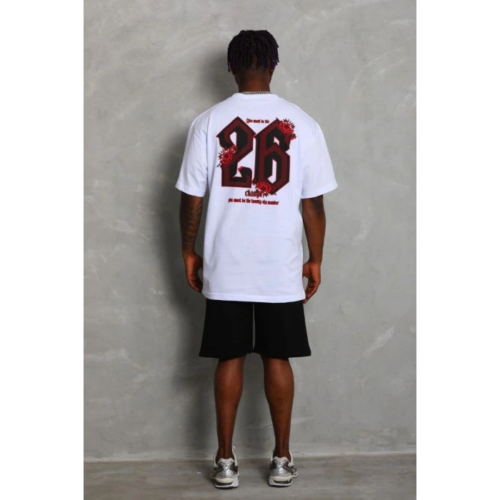 Erkek Baskılı Tişört Kısa Kol Bisiklet Yaka Oversize T-Shirt - Beyaz