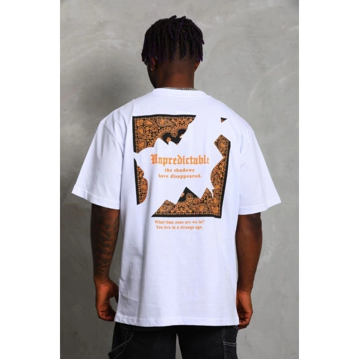 Erkek Baskılı Tişört Kısa Kol Bisiklet Yaka Oversize T-Shirt - Beyaz