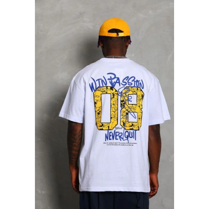 Erkek Baskılı Tişört Kısa Kol Bisiklet Yaka Oversize T-Shirt - Beyaz