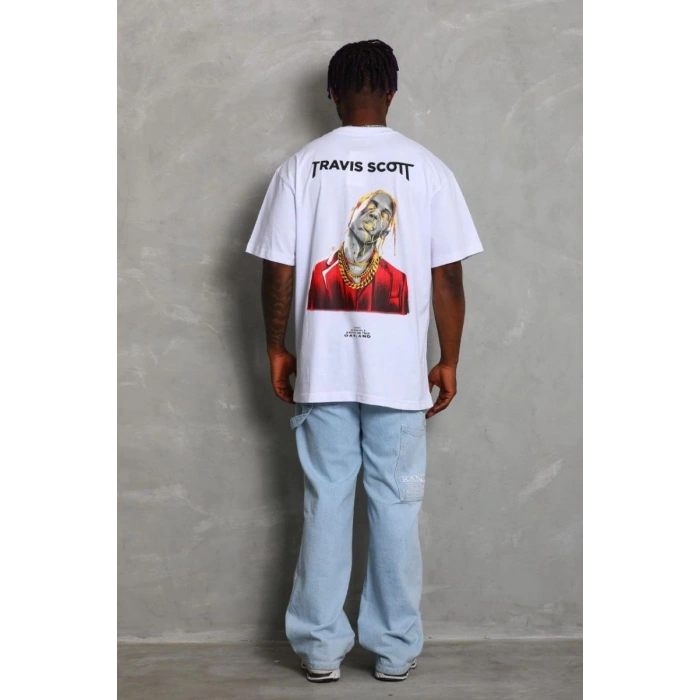 Erkek Baskılı Tişört Kısa Kol Bisiklet Yaka Oversize T-Shirt - Beyaz