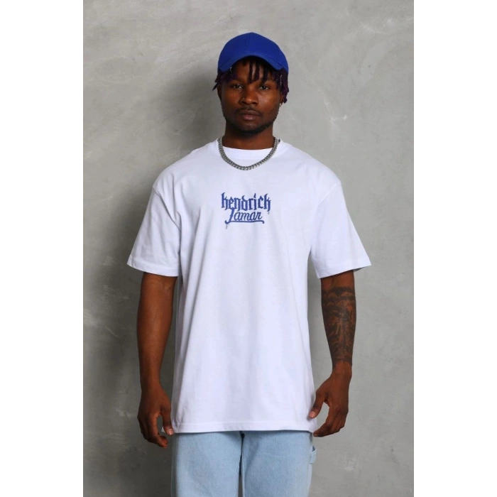 Erkek Baskılı Tişört Kısa Kol Bisiklet Yaka Oversize T-Shirt - Beyaz