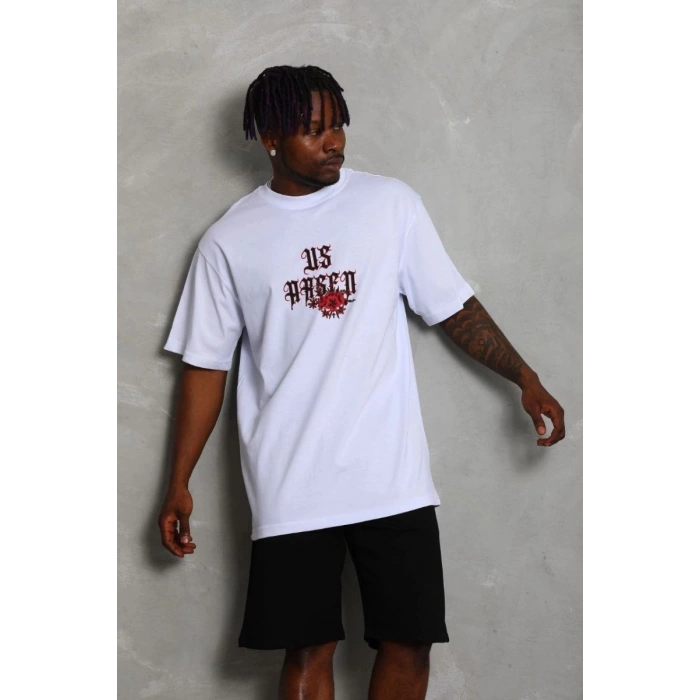 Erkek Baskılı Tişört Kısa Kol Bisiklet Yaka Oversize T-Shirt - Beyaz