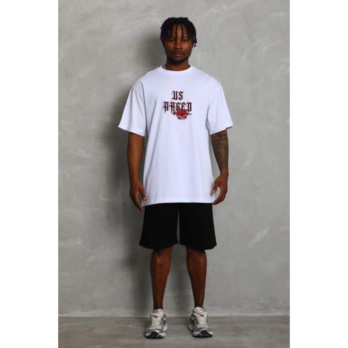 Erkek Baskılı Tişört Kısa Kol Bisiklet Yaka Oversize T-Shirt - Beyaz