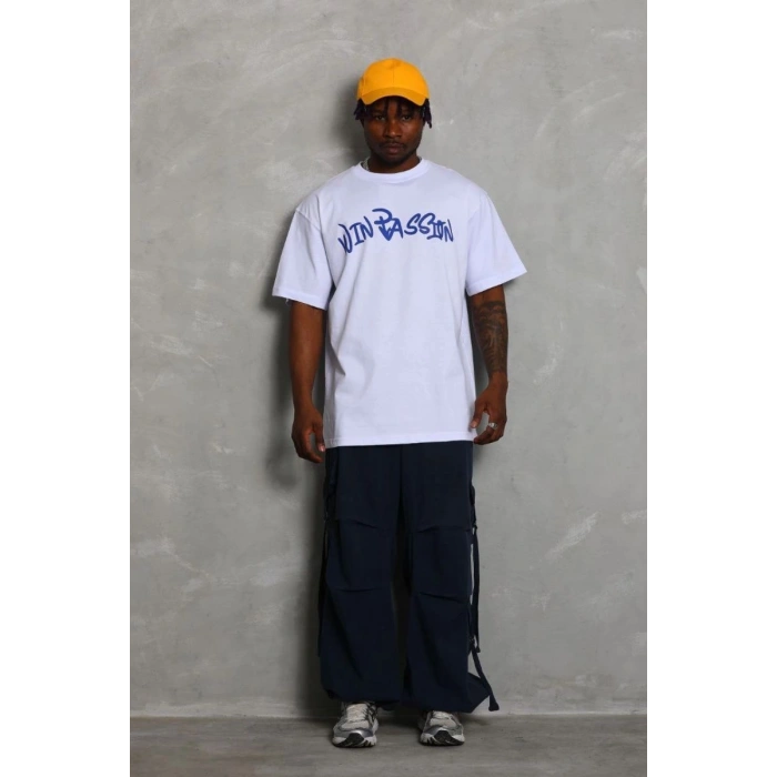 Erkek Baskılı Tişört Kısa Kol Bisiklet Yaka Oversize T-Shirt - Beyaz